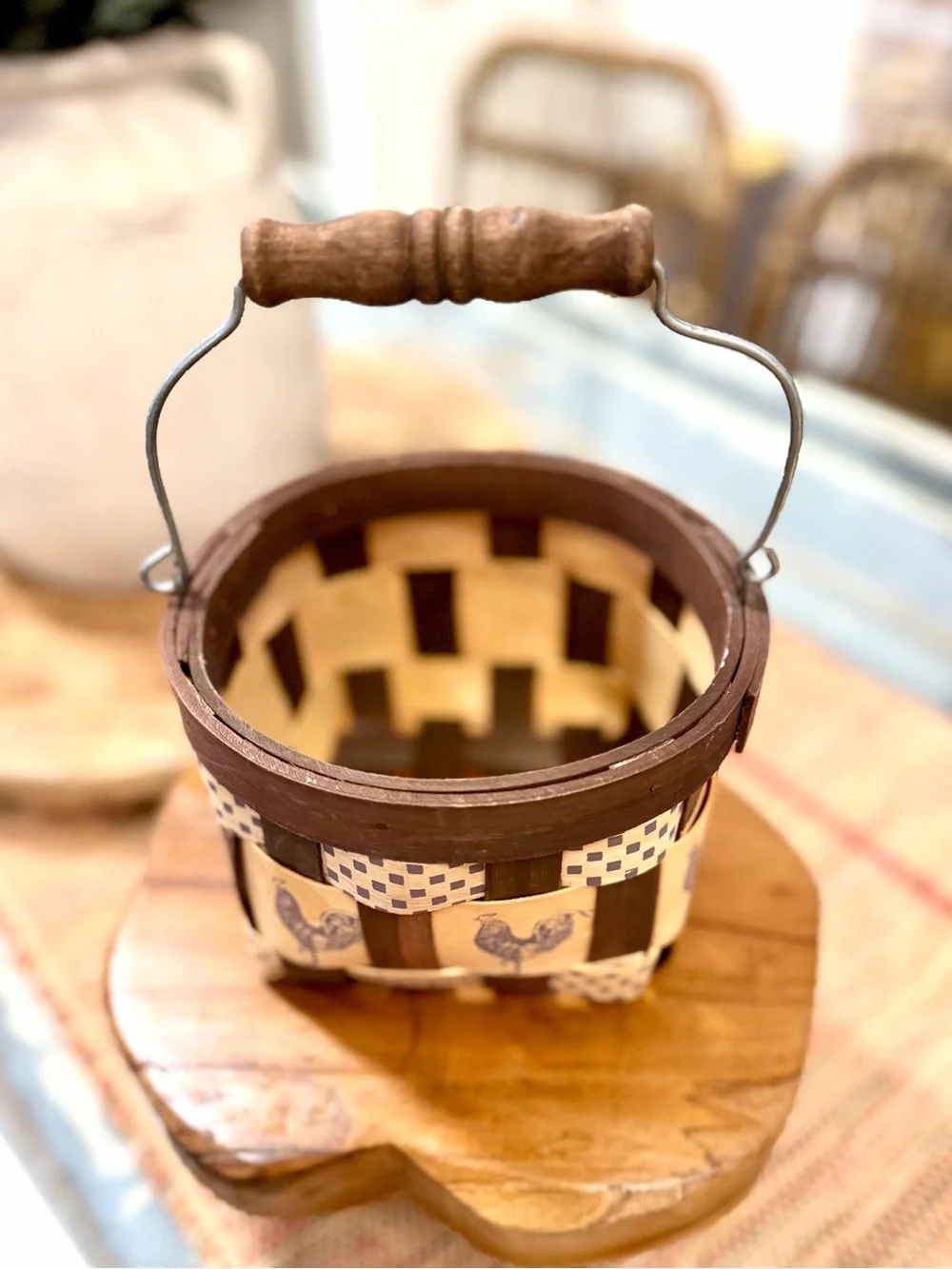 Vintage Hand woven Brown and Cream Rooster Woven Accent Basket
